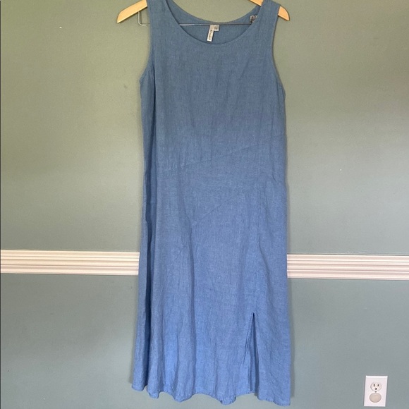 KLEEN Linen blend Tank Dress S Midi Long Stripe Black blue Lagenlook artsy - Picture 1 of 7